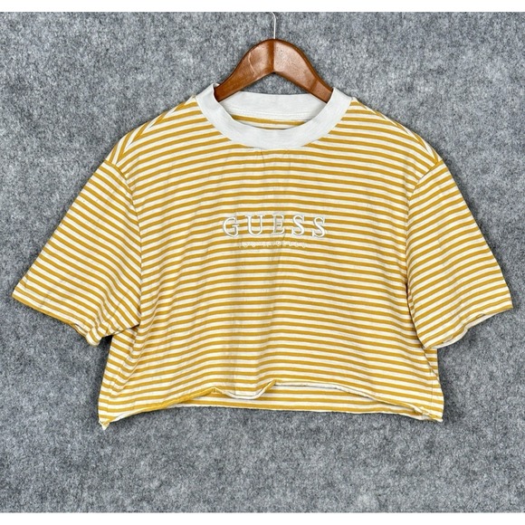 Guess Tops - Guess Y2K Upcycled Yellow Striped Crop Top Womens S Streetwear Skater Tomboy
